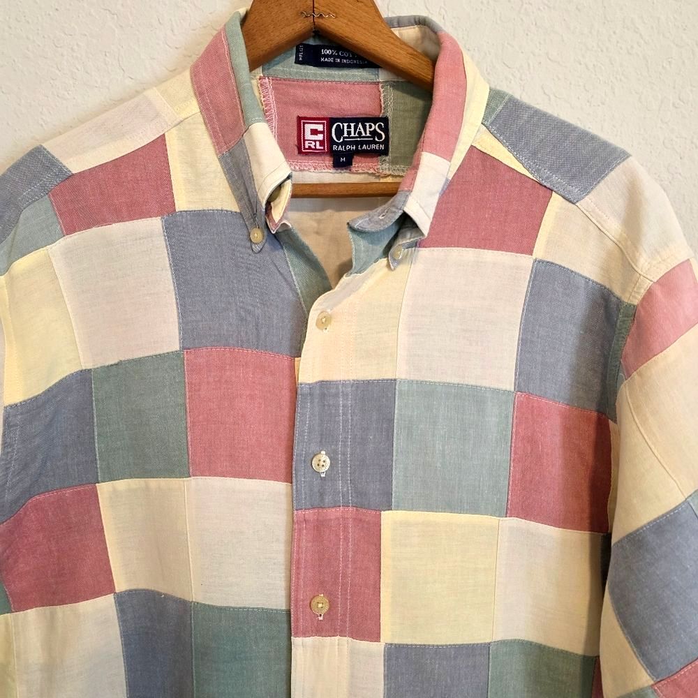 VTG Chaps Ralph Lauren Shirt Patchwork Cotton Short Sleeve Preppy Mens Medium